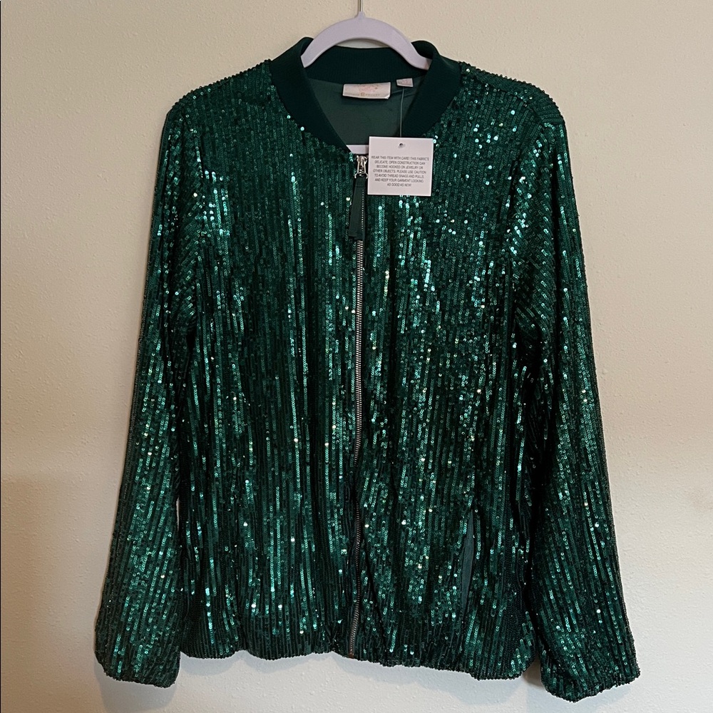 Belle by Kim Gravel Emerald Sequin Bomber Jacket